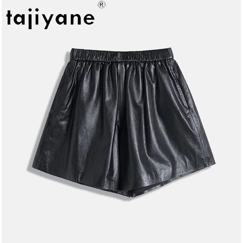 TAJIYANE Geunine Leather Shorts Vegetable Tanned Sheepskin Bootyshorts Wide Leg Women's Shorts Black Shorts for Woman Slim 반바지