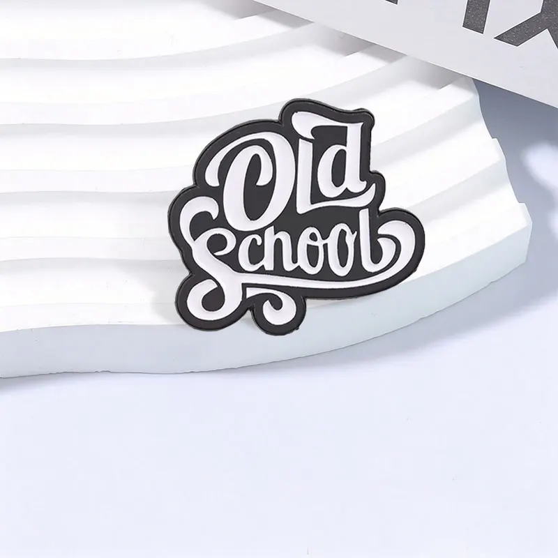 Old School Vintage Script Cartoon Enamel Pins Simple Retro Black White Letters Brooch Backpack Lapel Badge Fashion Jewelry Gifts