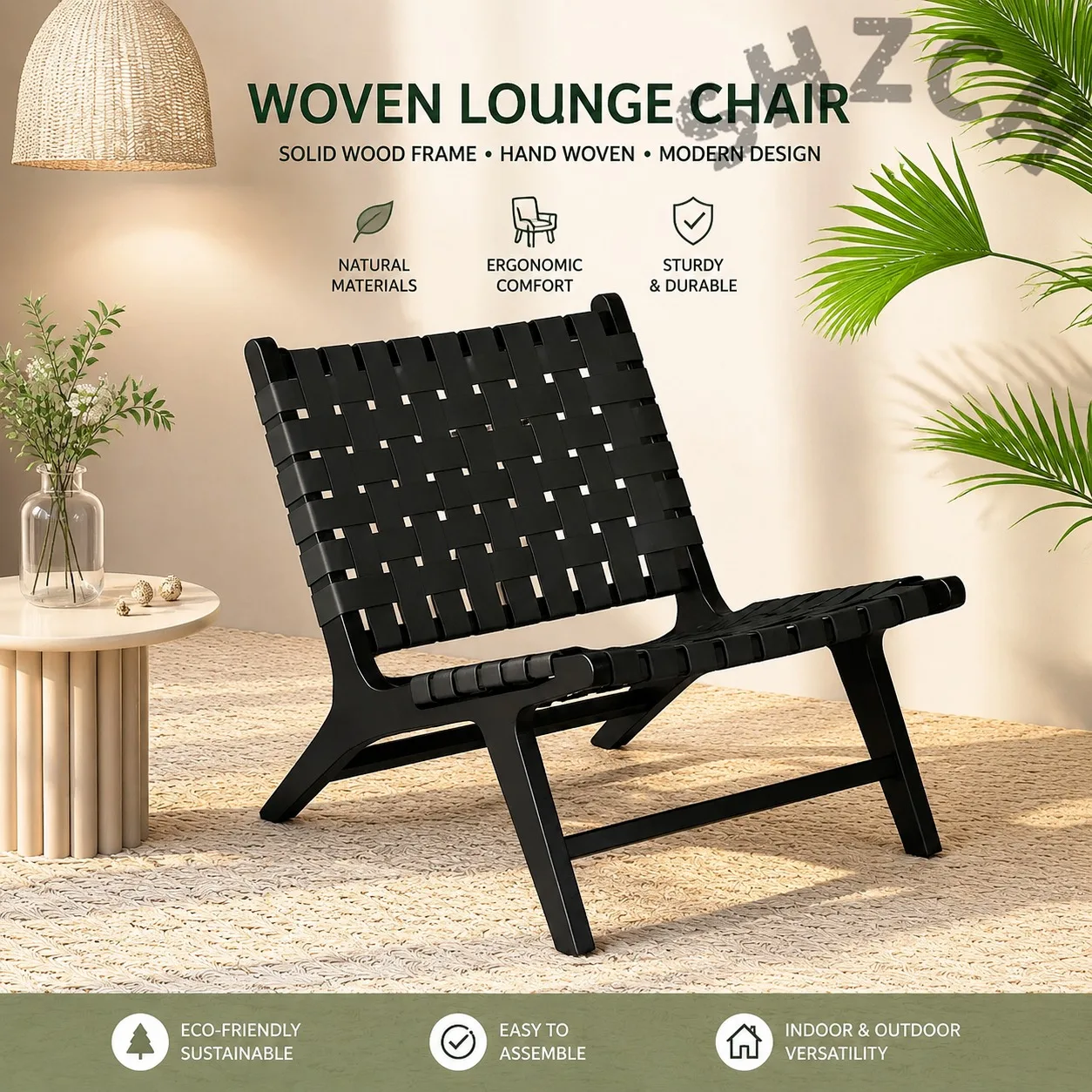 Nordic Woven Rope Solid Wood Lounge Chair – Compact Wabi-Sabi Armchair for Balcony, Bedroom & Small Spaces