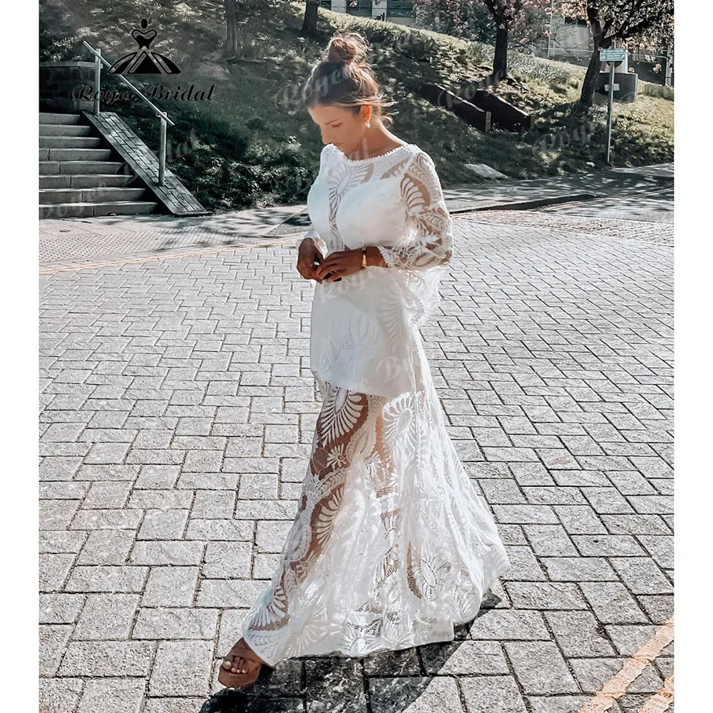 Bohemian Country Long Sleeve Lace Column Destination Mermaid Boho Wedding Party Dress for Women 2025 Bridal Gown abiti da sposa