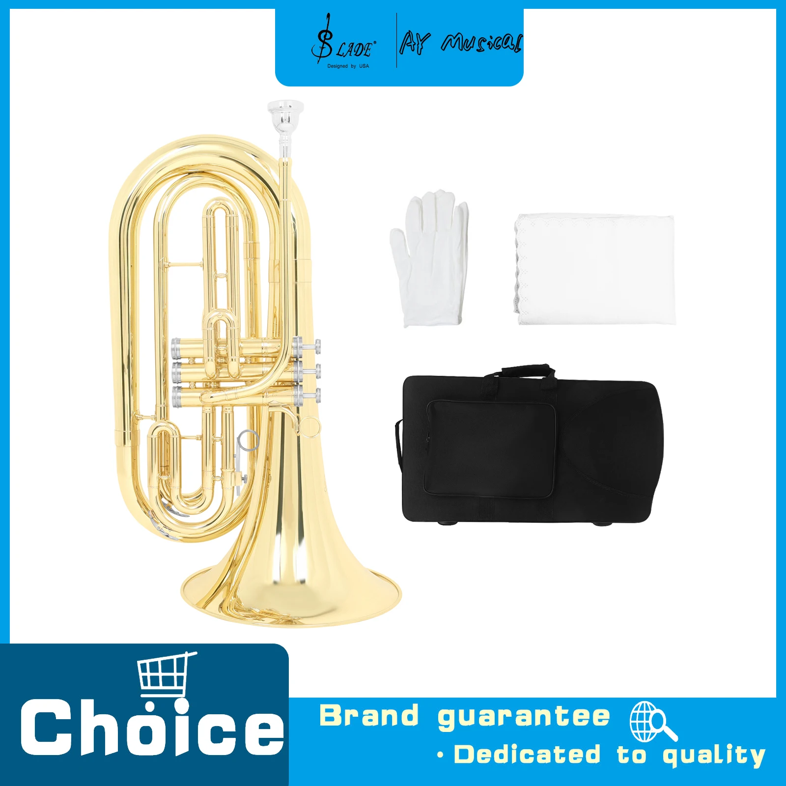SLADE 3 Vertical Piston Marching Baritone Horn Gold Lacquered Brass Instrument Fabric Carry Bag for Brass Instrument Performance