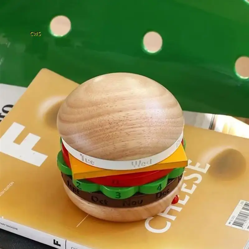 تقويم على شكل برجر من الخشب الصلب لديكور المنزل، تقويم دوار لتزيين الطاولة، تقويم مكتبي مطابق للهدايا