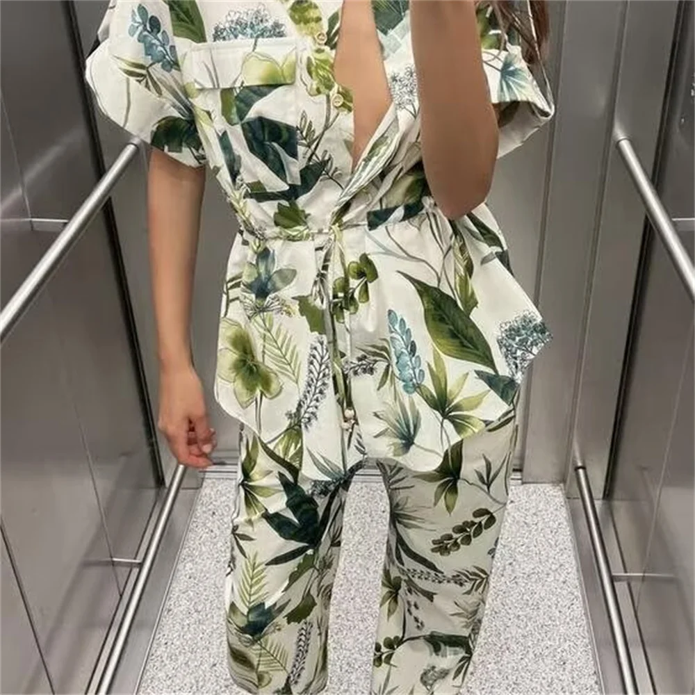 2024 ZAR4 Summer New Women\'s Fashion Fashionable Waist Decoration Printed Shirt Casual Straight pants