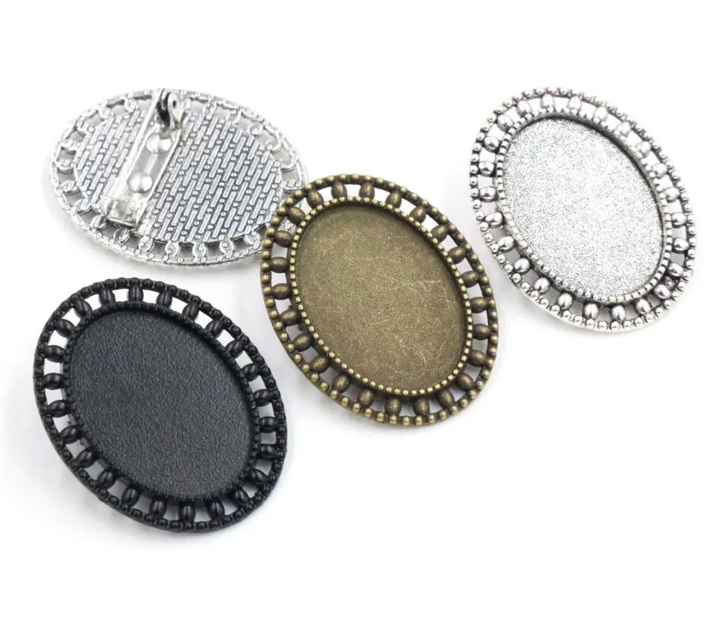 5pcs 18x25mm Inner Size Antique Silver Plated Bronze and Black Brooch Pin Classic Style Cameo Cabochon Base Setting