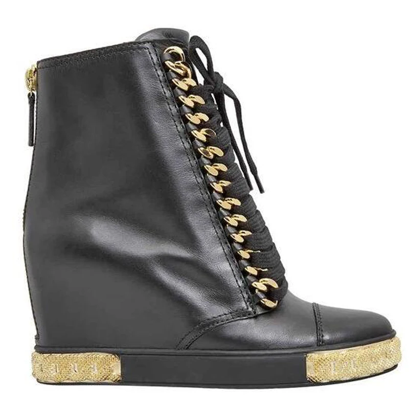 

Designer Woman Fashion Black 80 mm Wedge Boots Girls Sliver Gold-Tone Chains Rubber sole Round Toe Casual Ankle Boots Shoes