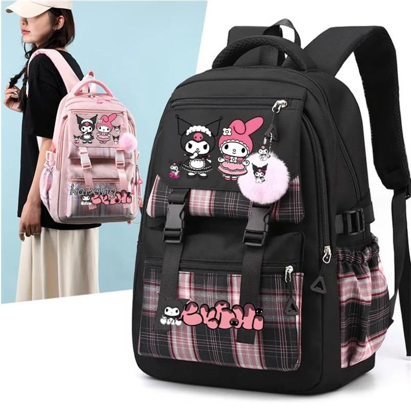 Lovely Kuromi Melody Backpacks Cosplay Plaid Women Men multi-pocket Lightweight School Bags Travel Ins Capacity Laptop Mochilas