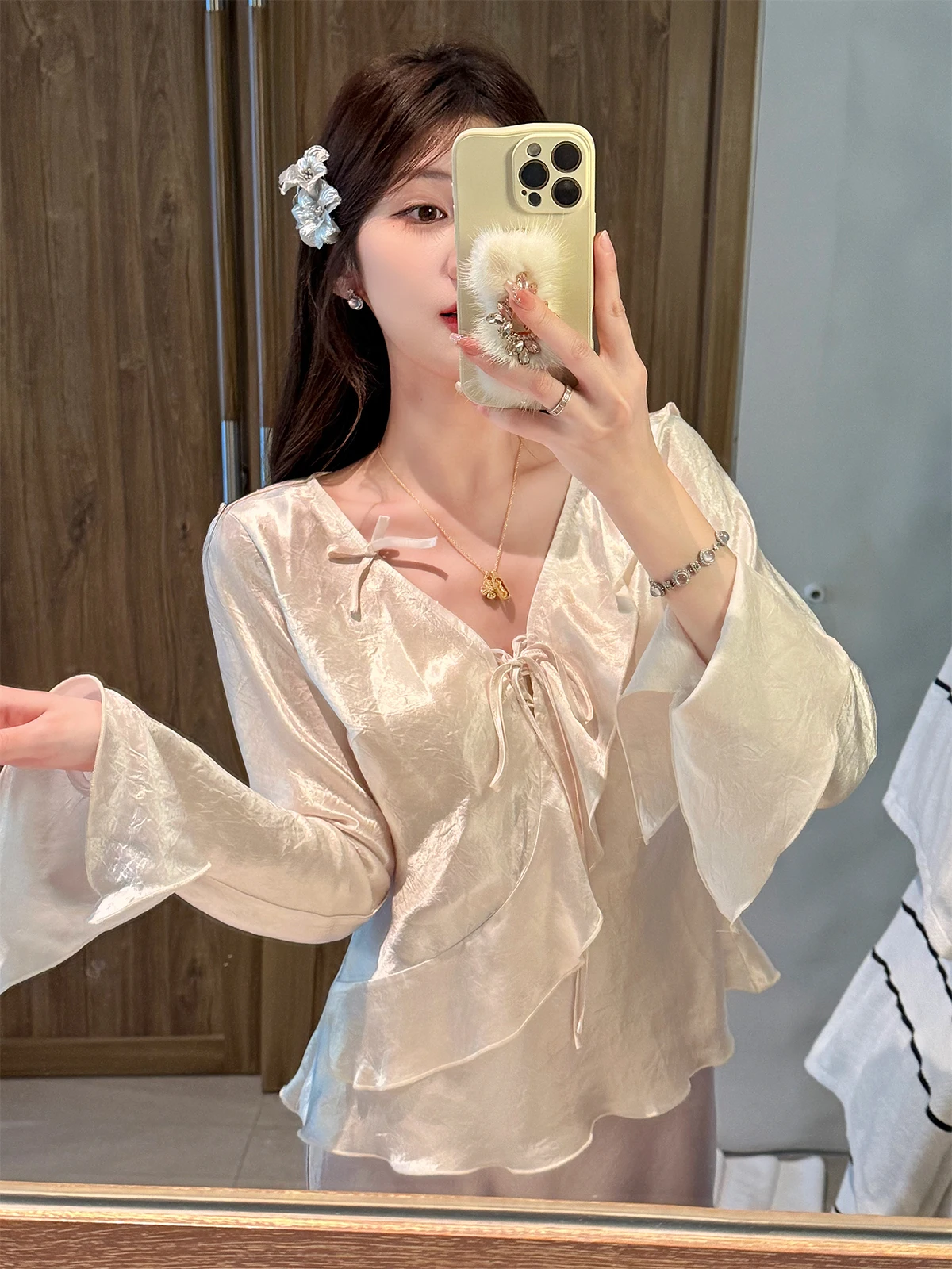 

Новая китайская женская блузка с узлом, модная, универсальная, из мягкого ацетата, для ранней осени, удобная, дышащая