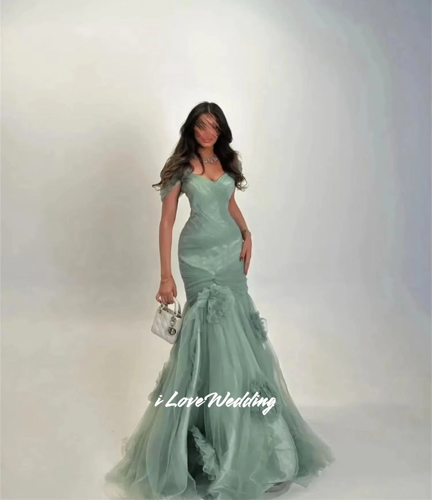 Green V-Neck Prom Dresses Off Shoulder Mermaid 3D Flowers Backless Floor-Length Saudi Arabia Evening Dresses Pleated Customized