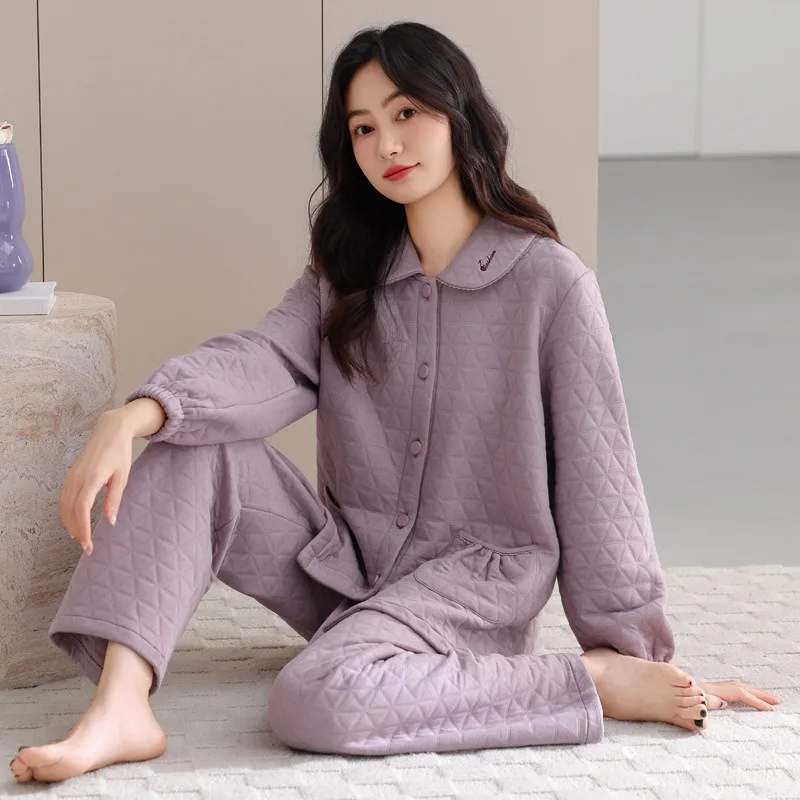 Women's Autumn Winter Sandwich Air Cotton Pajamas Set Thickened Warm Cardigan Thin Padded Loungewear Outdoor XXXL Size