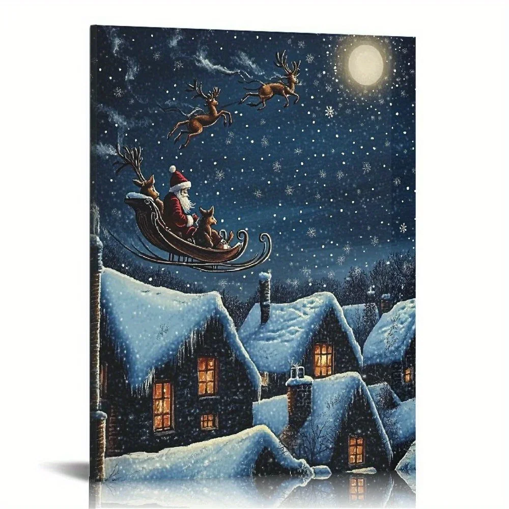 Peinture de bureau de Noël éclairée par fibre optique, affiche de scène d'hiver, peinture sur toile, père Noël, cadre photo en traîneau, 1PC