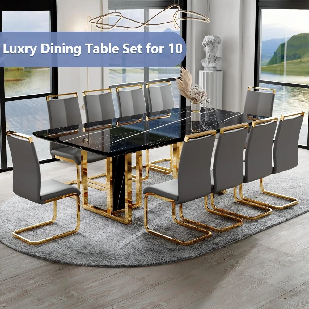 79-inch dining table set for 10 people, glossy imitation marble tabletop, rectangular 11-piece kitchen table and chair set