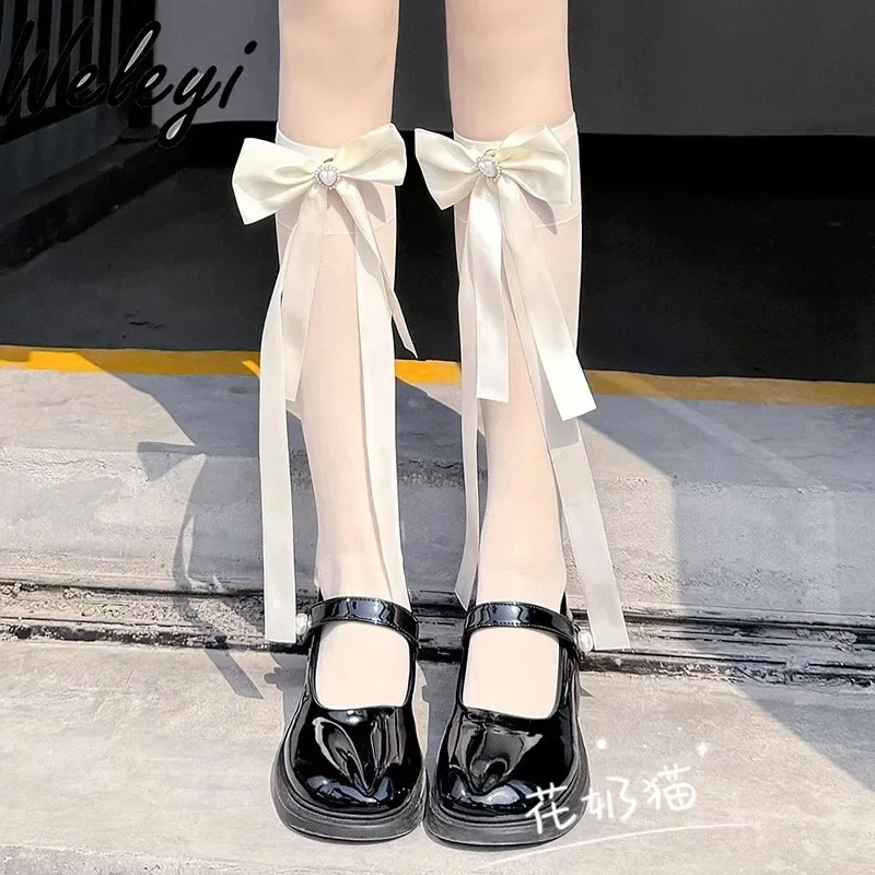 

Y2K Sweet Romantic Big Bow Pearl White Silk Calf Socks 2024 Summer New Cute Transparent Thin Socks for Women Lolita Half Socks