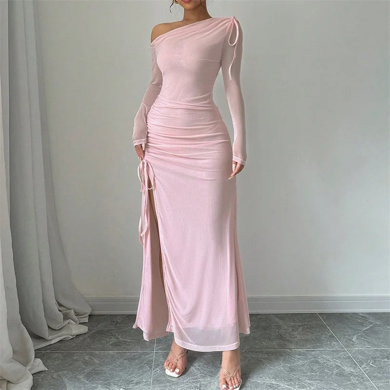 

Off The Shoulder High Split Women's Prom Dress Backless Pleated Party Gown Pink Sheath Slim Evening Skirt Spicy Girl New Design