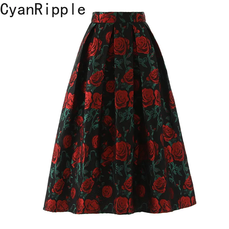 

Высококачественная черно-красная жаккардовая юбка А-силуэта с розовым узором для женщин, весна-осень, элегантное вечернее платье с завышенной талией длиной до колена