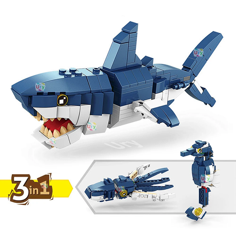 Moc-Building Blocks Model Set para crianças, DIY Assemble Toy, oceano, marinha, peixes, animais, tubarão, tigre, coruja, crocodilo, presente da