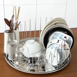 Round Stainless Steel Dish Drying Rack Kitchen Bowls Dishes Drain Holder Tableware Coffee Utensils Display Stand Cup Organizer