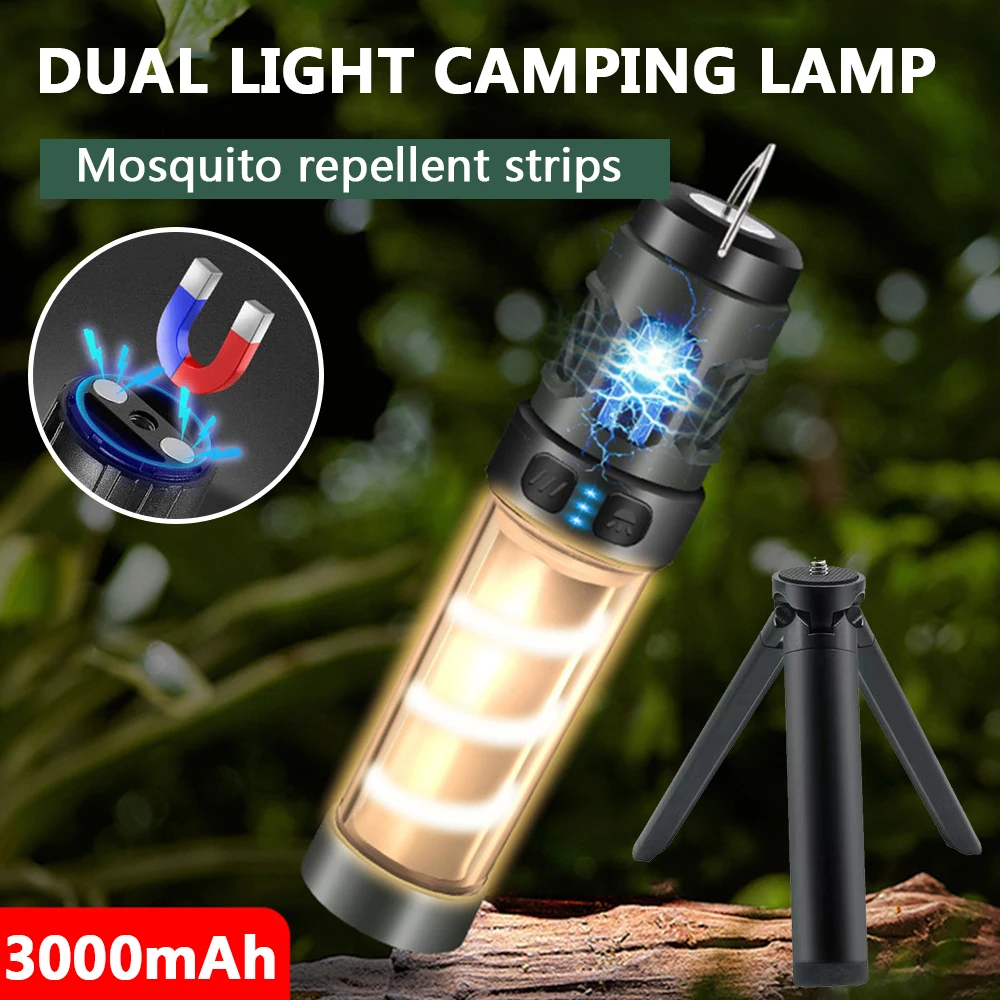 BALDR Multifunktions-Camping-Taschenlampe, 3000 mAh, wiederaufladbar, tragbar, LED-Taschenlampe, Außenbeleuchtung, Mückenschutzleuchte mit Stativ