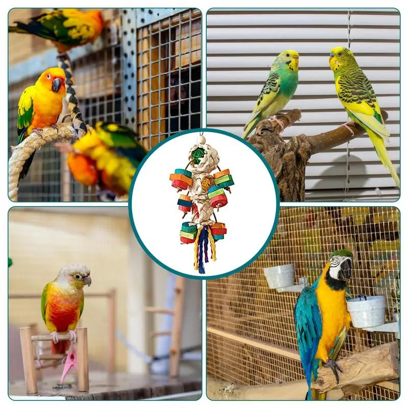 Jouets à mâcher en bois naturel pour oiseaux, jouets cacatoès à mâcher, coloré, multifonctionnel, décoratif, accessoires de conure suspendus pour perruche