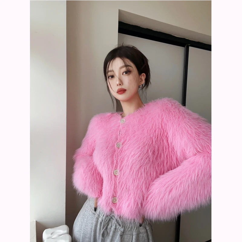 KUSAHIKI Korea Faux Mink Cashmere Knitted Coat Elegant Short Sweater Cardigan Women Autumn Fashion Knitwear Outwear Top 2023 New