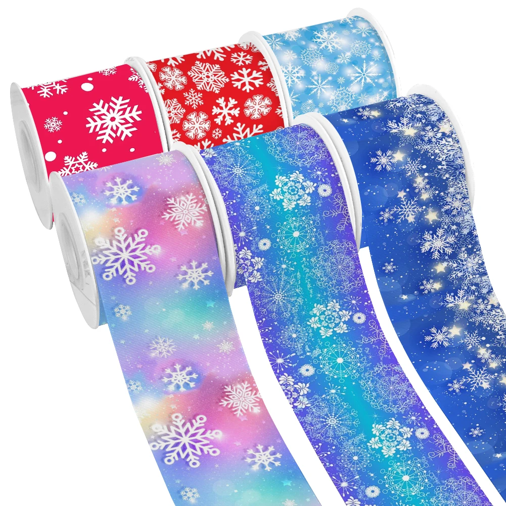 Merry Christmas Snowflake Pattern Design Printed Grosgrain Satin Ribbon for Gift Wrapping Hair Bow 50 Yards