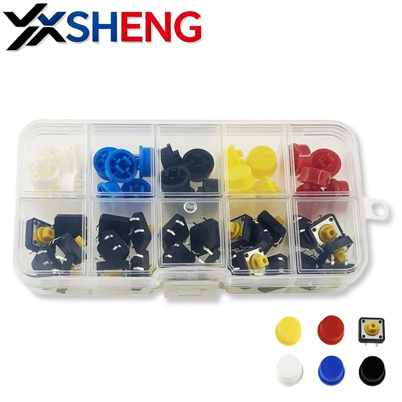 50PCS New Tactile Push Button Switch Momentary KIT 12*12*7.3 White Blue Black Yellow Red Round Hat+ Push-button Switch With Box