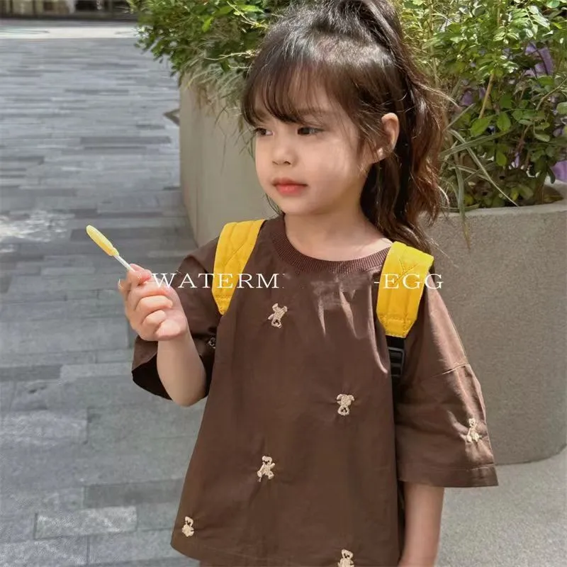 Childrens Clothing Summer Set 2023 New Boys And Girls Baby Bear Embroidery Short Sleeve T-shirt Short Pants Two Piece Set