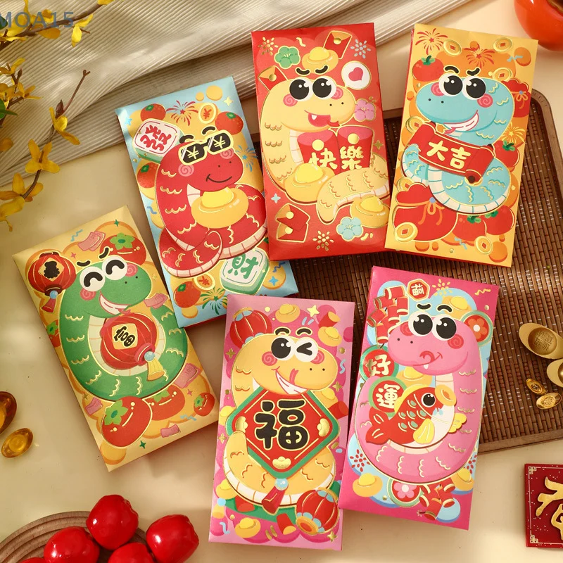 6Pcs New Year Red Envelope Chinese Traditional Lucky Money Packets 2025 Snake Year Money Pouches For Kids Blessing Red Pocket