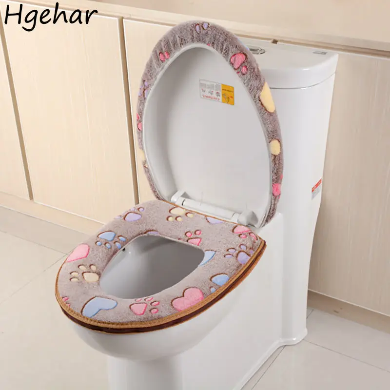 New Two Pieces Toilet Seat Cover Warm Soft Skin-friendly Cartoon  Cushion Reusable Zipper O-shape Closestool Mats Bathroom