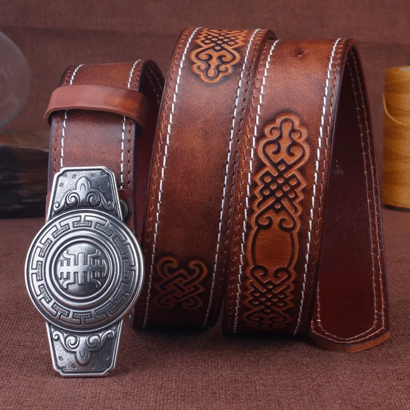 

Retro Lucky Mongolian Style Genuine Leather Carved Men's Belt Tibetan Style Alloy Plate Buckle Head Luxury Designer Jeans Belt