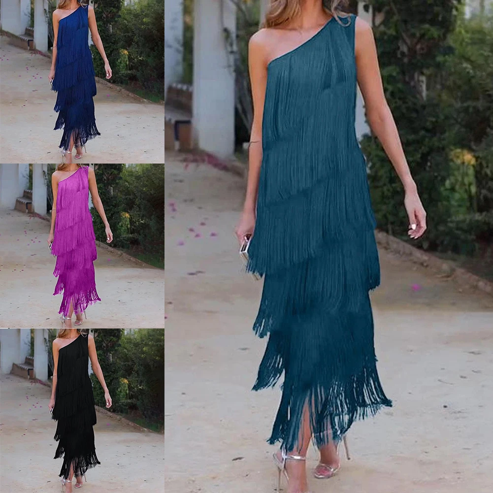 Autumn Outfit Tassel Dress Fashion Party Prom Robe Multi-layer Dress Diagonal Collar Dress Casual Autumn Dress Diagonal Collar