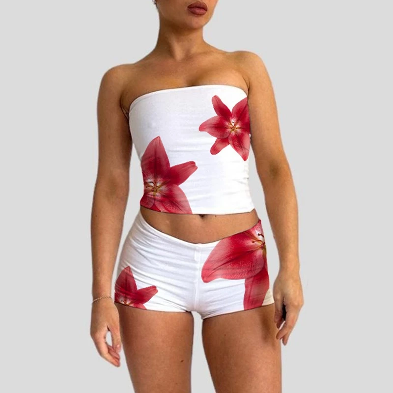 Beach Vacation Lounge Oufits 2 Pice Set Flower Print Strapless Crop Tube Tops Bandeau + Skinny Mini Skirt Wrap Bodycon Women