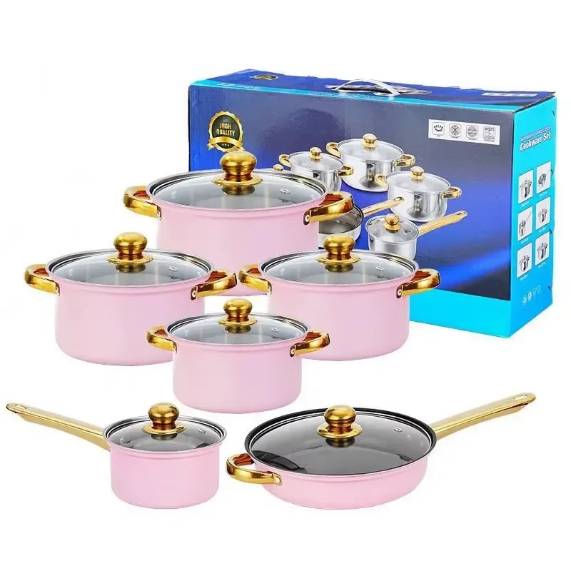 IStapromo Gifts 12-piece Stainless Steel Cookware Set with Gold-plated Handles (Pots, Soup Pans, Frying Pans)