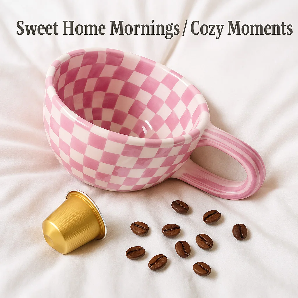 

180ml Pink & White Checkered Ceramic Coffee Mug with Elongated Artistic Handle, Tea Milk Cup for Home Kitchen