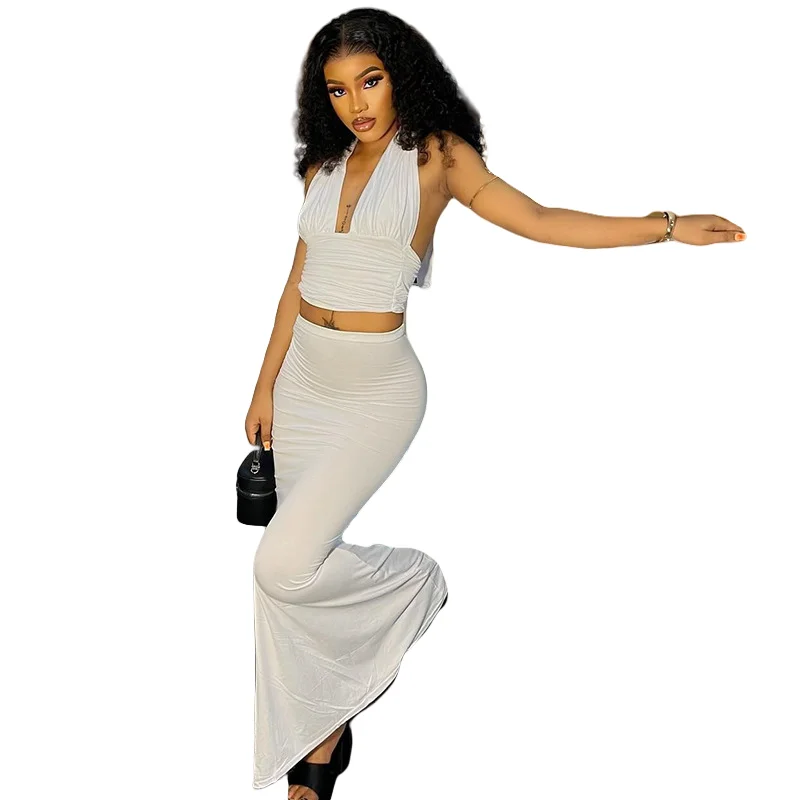 

Women's Lace-Up Halterneck Deep V-Neck Sleeveless Backless Super-Short Crop Tops & Skirt, Hips Wrapped, 2pcs Set