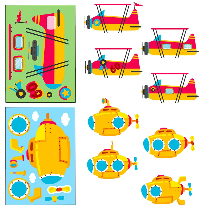 Cartoon Engineering Vehicle Puzzles Stickers For Children Kids Toddlers Freely Paste Assemble Ships Spacecraft Cars DIY Stickers