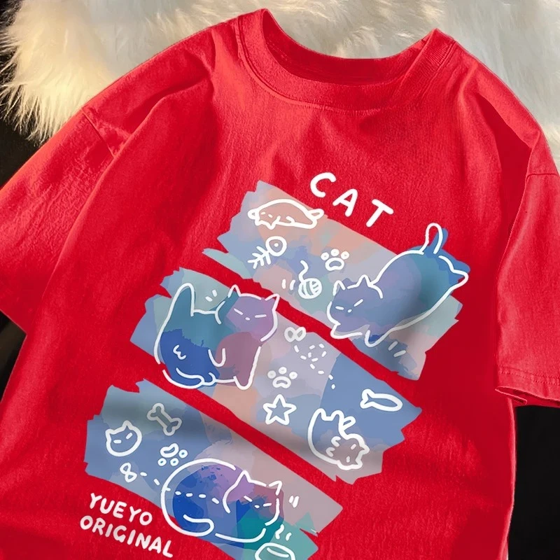 Diversão gato travesso impresso estilo japonês camisetas moda feminina respirável verão camisetas casuais roupas criativas