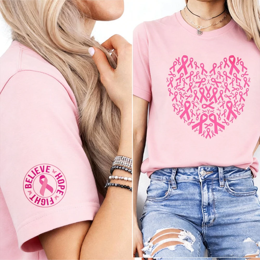 Pink Ribbon Heart Pattern Women T-Shirt Believe Hope Fight Circular Logo Cuff Print Breast Cancer Support Fashion Casual Tees