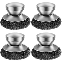 4Pcs Stainless Steel Scrubber Stainless Steel Scourer with Handle Round Pan Scourer Non Scratch Stainless Steel Sponge Premium