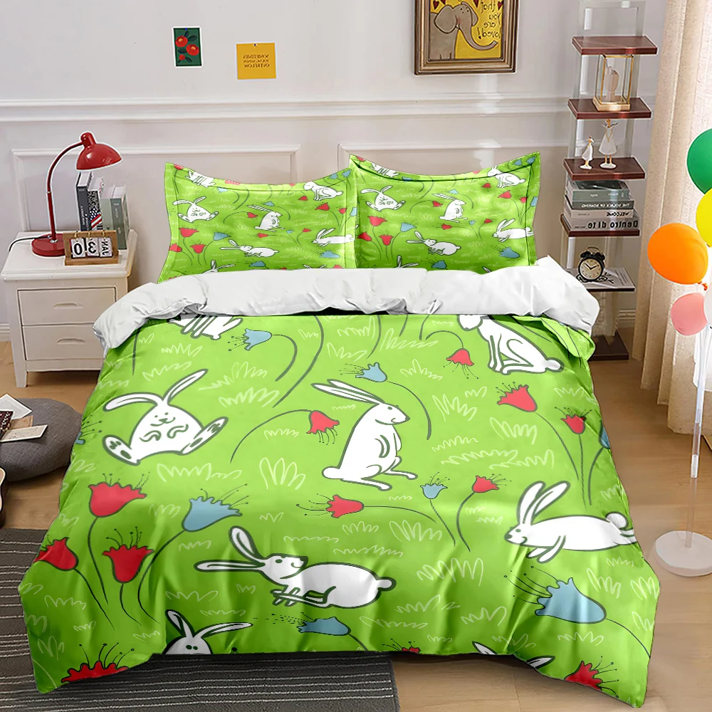 White rabbits and flowers on green Print Bedding Set 1 Duvet Cover 2 Pillowcases for Adult and Children Luxury Gift Full Size