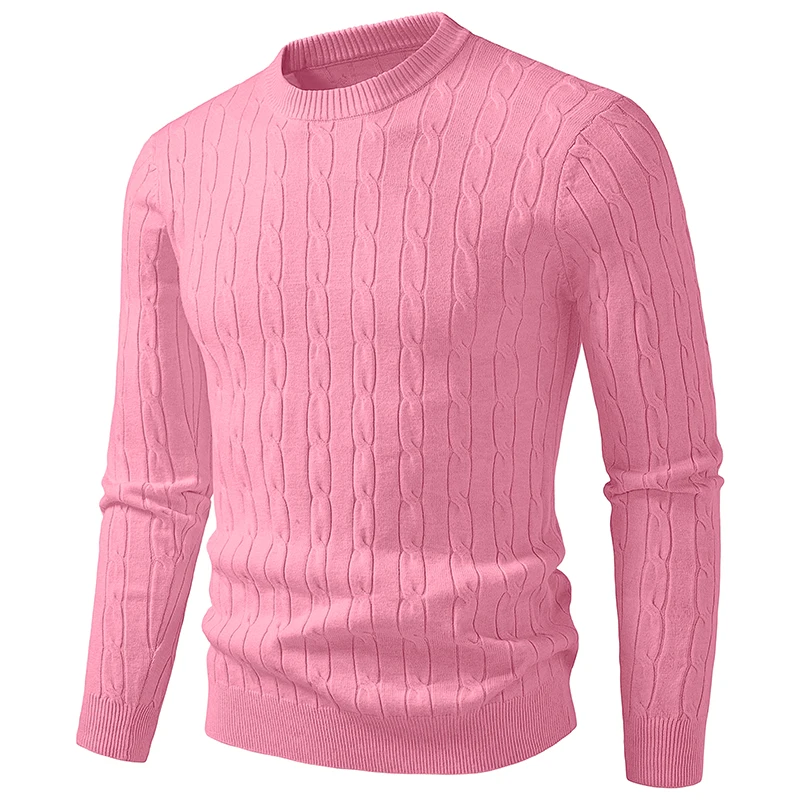 Men's Autumn Solid Color round Neck Knitted Sweater Warm Casual Pullover Fried Dough Twist Design Comfortable Knitwear