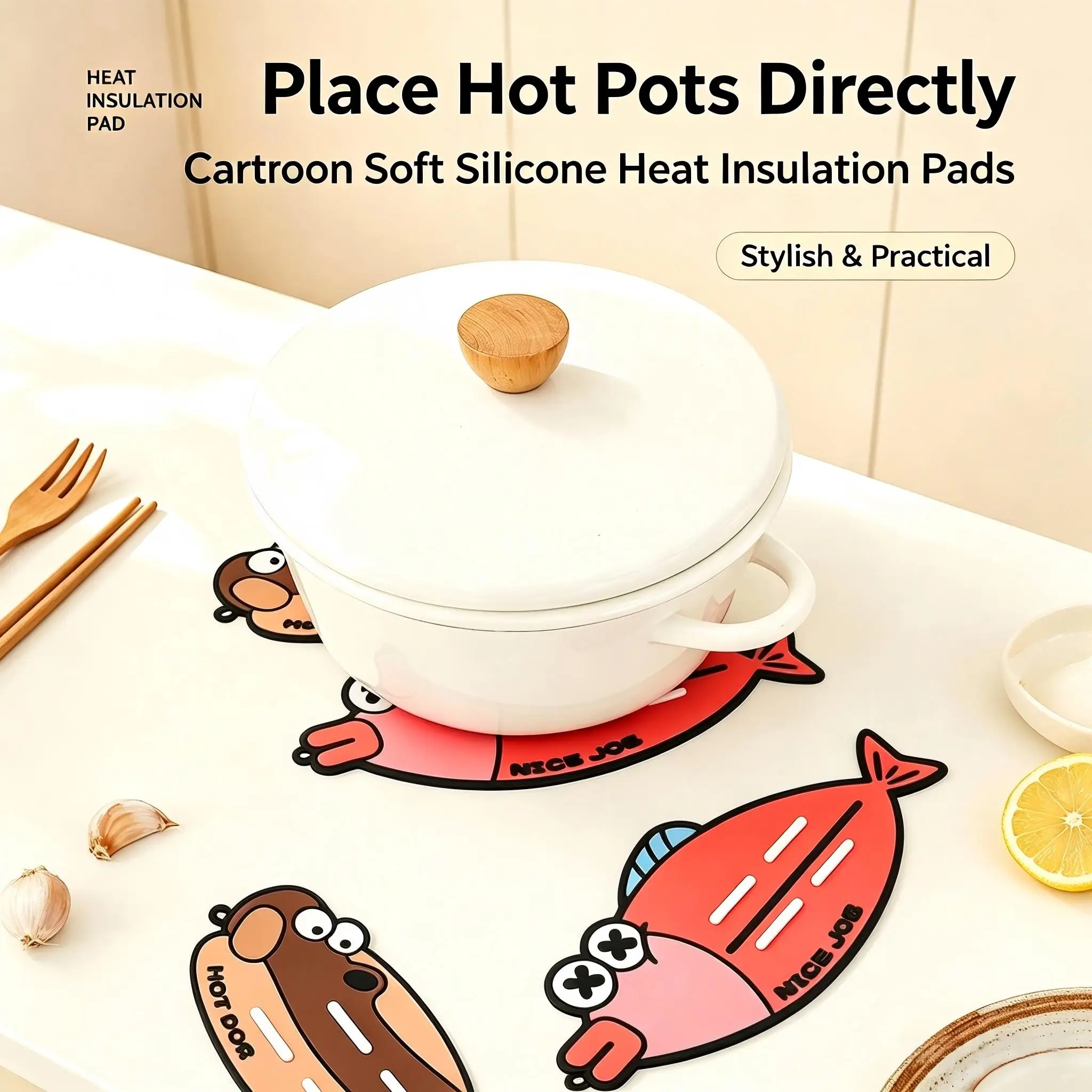 Silicone Heat Resistant Mat Cute Cartoon Non-Slip Dish Drain Pad Table Mat Quick Dry Hangable 2Pcs(Clownfish+Dachshund)
