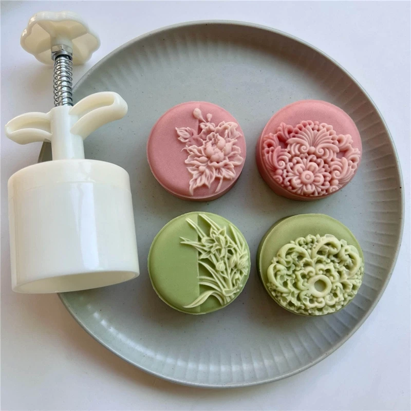 Classic Flower Pattern Moon Cake Mold, Including 1pc Mold And 4pcs Stamp, DIY Hand Press Cookie Stamps,  Baking Tools