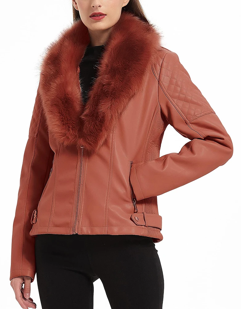 Giolshon Spring Fashion Women Fur Collar Jacket Faux Suede PU Leather Jacket Moto Coat Female Winter Warm Outerwear