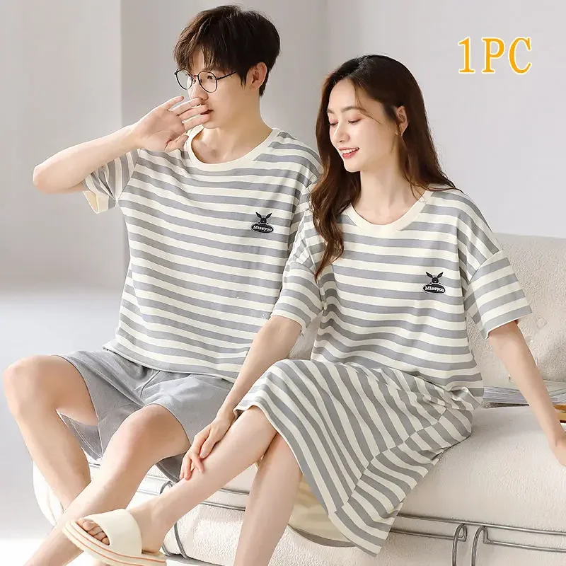 Summer Cotton Lovely Striped Men Women Couple Pajamas Set Female Loose Long Home Dress Male Short Sleeves Short 2 Pcs Home Suit