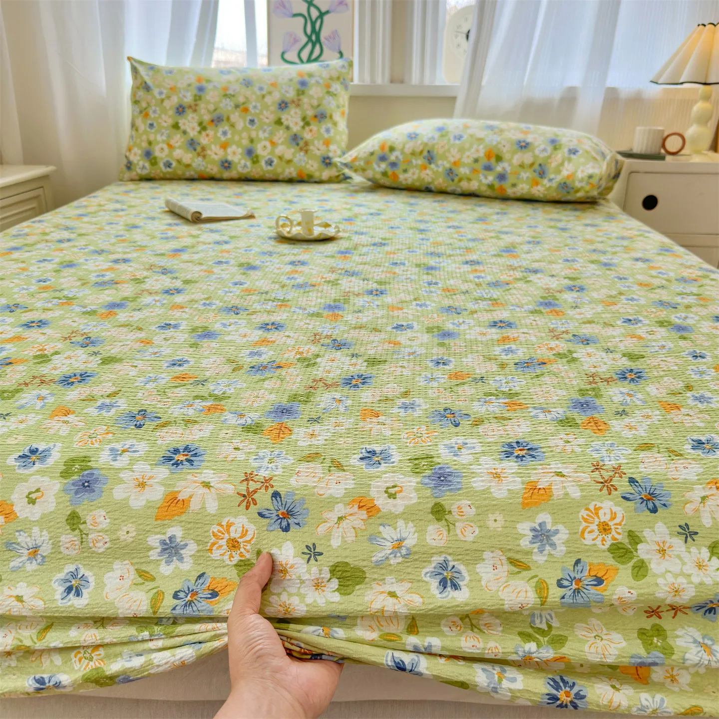 1pc Floral Style Fitted Sheet With Elastic for Adults colcha de cama casal Single/Queen/King Bed Sheets Crinkled Gauze 침대패드