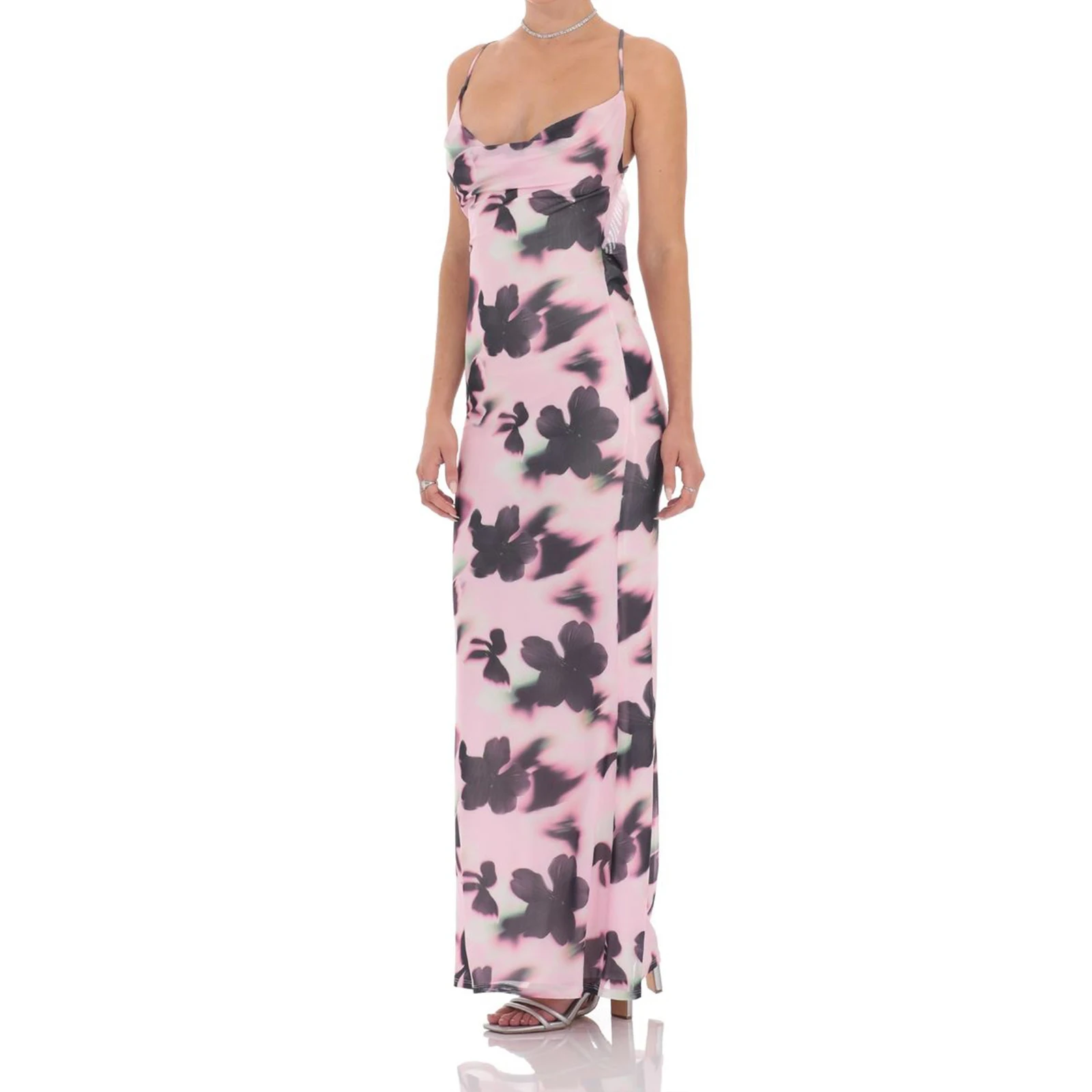 فستان نسائي صيفي بدون ظهر بطبعة زهور بدون أكمام وحزام سباغيتي ورقبة دائرية وظهر متقاطع فستان طويل بقصة ضيقة