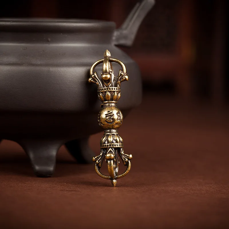 Brass six-character mantra staff, five-pronged , demon-subduing Vajra, antique-style handle, aged decorative piece