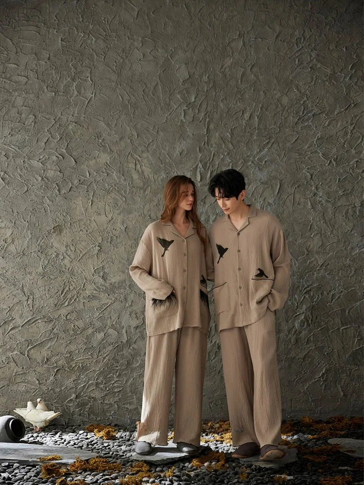 cotton-pajamas-couple-spwear-spring-autumn-long-sve-long-pants-home-clothes-women's-chest-pad-bird-pattern-home-clothes