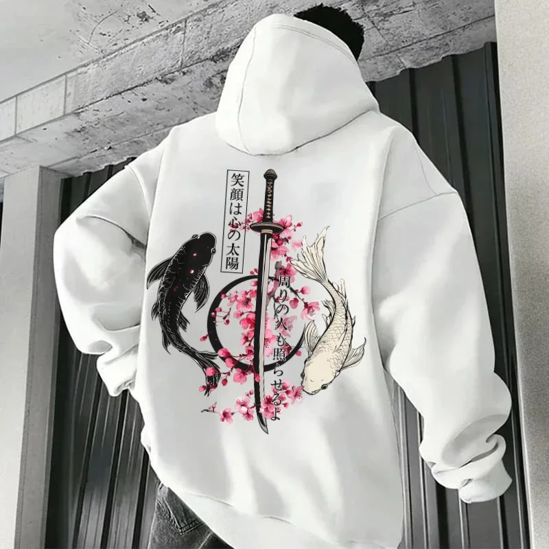 Trendy Streetwear Men Hooded Sweatshirt Autumn Winter Japanese Koi Sakura Sword Graphic Loose Fit Casual Top