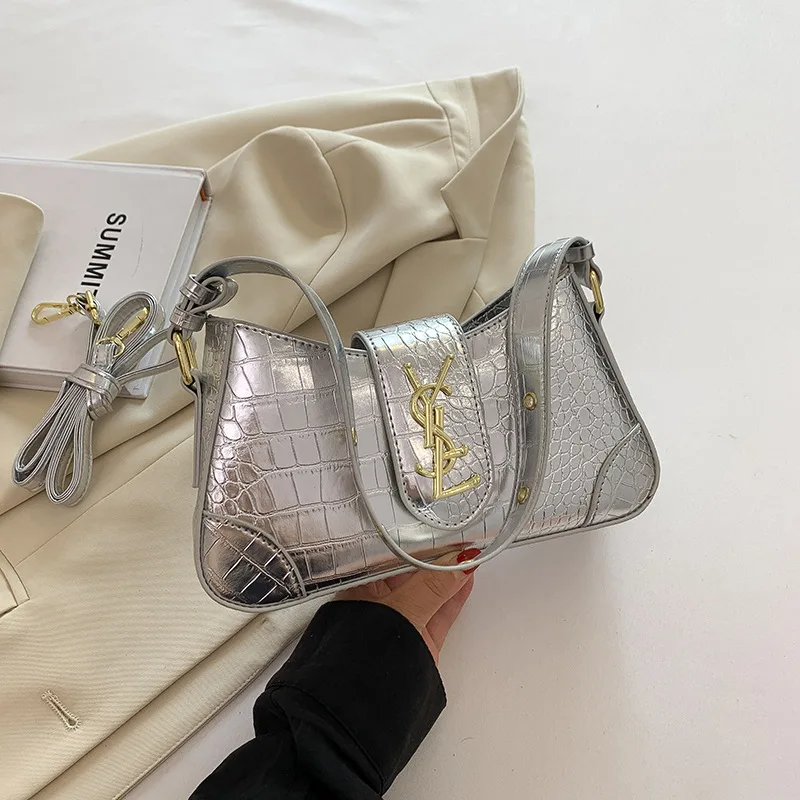 Сумка во французском стиле с тиснением под крокодила, новинка 2023 года, роскошный кошелек под мышками, элегантная верхняя ручка и сумка через плечо для женщин